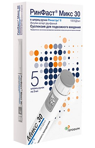 РинФаст Микс 30, суспензия для подкожного введения 100 МЕ/мл, картридж 3мл+шприц-ручка Ринаста II, 5шт
