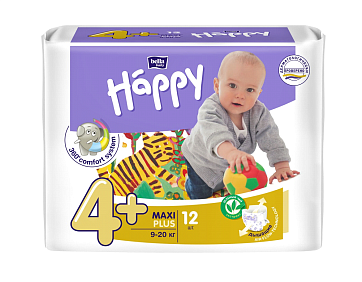 Bella Baby Happy (Белла) подгузники 4+ Макси+ 9-20кг 12 шт