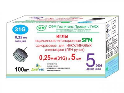 Купить иглы sfm для инсулиновых инжекторов (пен ручек) 31g (0,25мм х 5мм), 100 шт в Ваде