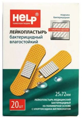 Купить help (хелп) лейкопластырь медицинский бактерицидный полимерная основа с хлоргексидином 19х72мм, 20 шт в Ваде