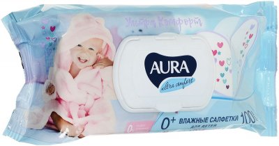 Купить aura (аура) ультра комфорт влажные салфетки для детей с алоэ и витамином е 100 шт в Ваде