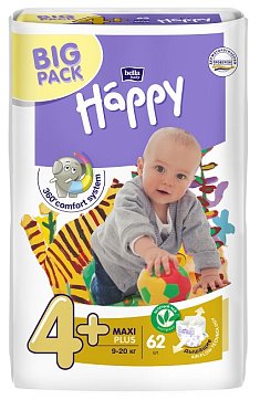 Bella Baby Happy (Белла) подгузники 4+ Макси+ 9-20кг 62 шт