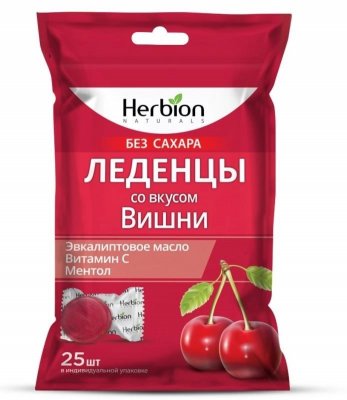 Купить herbion (хербион) с эвкалиптовым маслом, витамином с и ментолом со вкусом вишни без сахара, леденцы массой 2,5г 25 шт бад в Ваде