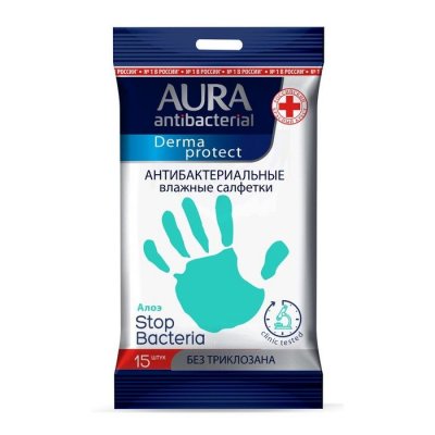 Купить aura (аура) дерма протект салфетки влажные антибактериальные алоэ, 15 шт в Ваде