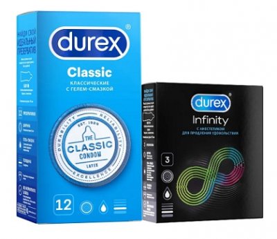 Купить durex (дюрекс) набор: презервативы classic, 12шт + infinity гладкие с анестетиком (вариант 2), 3шт в Ваде