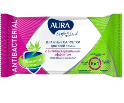 Купить aura (аура) салфетки влажные с антибактериальным эффектом tropic cocktail 15 шт. в Ваде