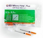 Купить шприц bd микро-файн плюс инсулиновый 100 ме/0,5 мл с интегрированной иглой 29g 0,33х12,7мм 10шт в Ваде