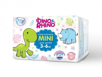 Купить подгузники для детей 3-6 кг дино и рино (dino & rhino) размер мини, 27 шт в Ваде